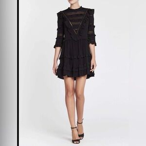 Rebecca Taylor Black Lace-Trim Ruffled Silk Dress